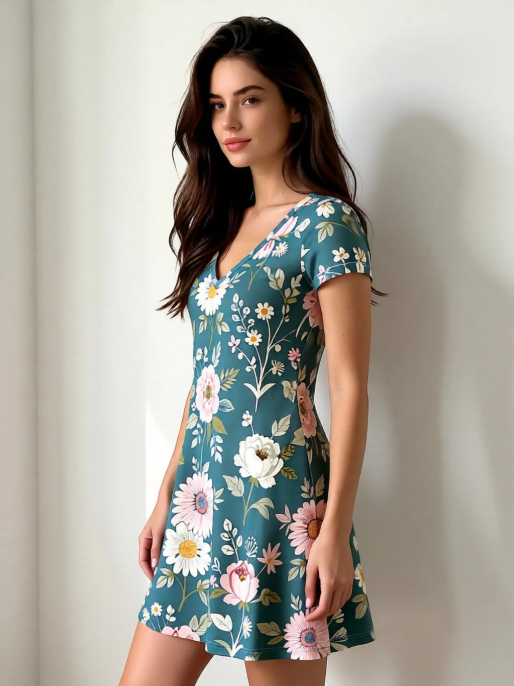 Womens Floral Print V Neck Short Sleeve A Line Dress Relaxed Fit Summer Mini Dress for Weekend Trips Vacation Travel and Parties