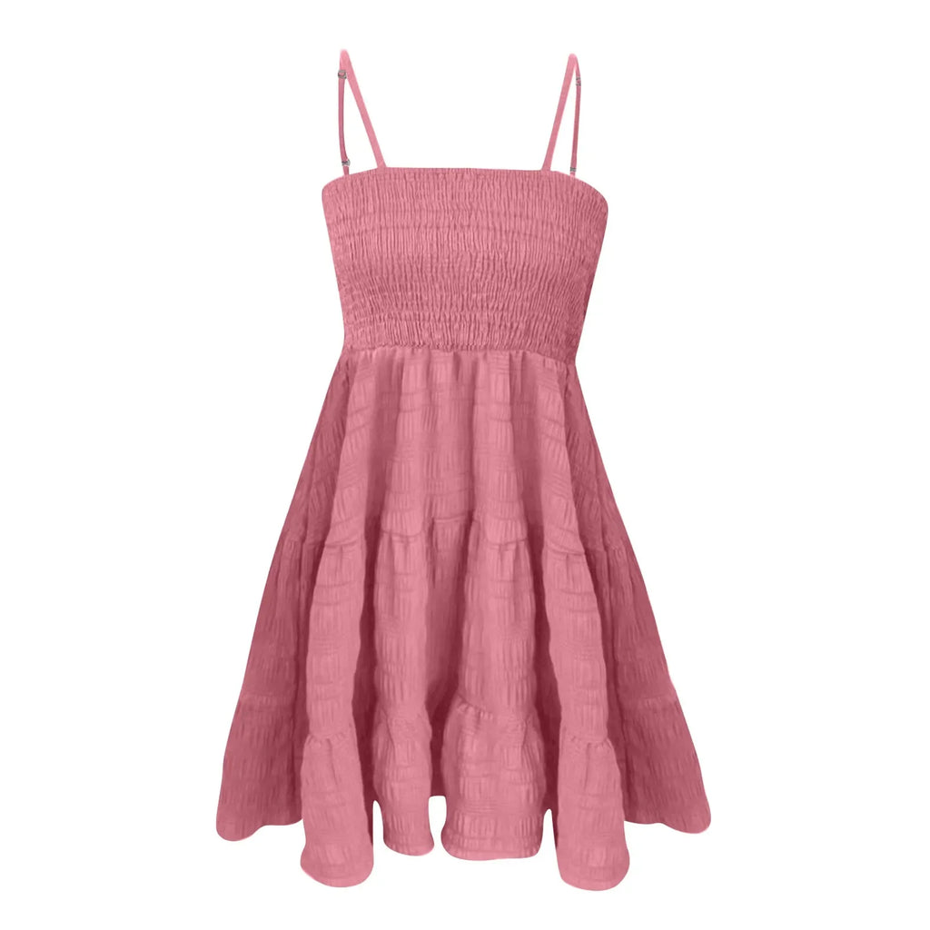 Bohemian Beach Sundress Women Sexy Sleeveless Backless Big Swing Mini Dress Solid Spaghetti Strap Ruffles Dress Summer Vestidos
