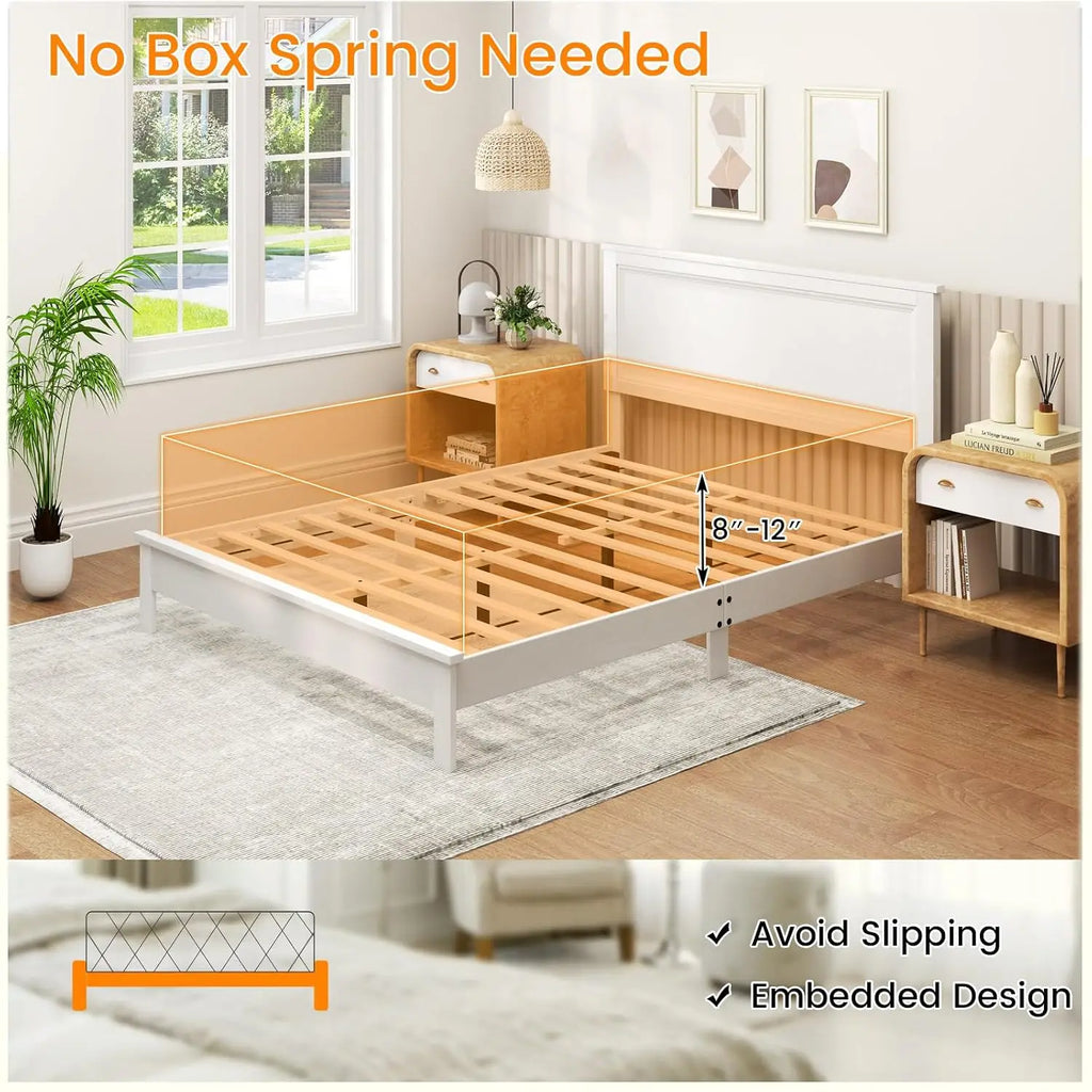 Queen Size Wood Platform Bed Frame with Headboard, Wooden Mid Century Platform Bed with Slat Support & Under Bed, Customized