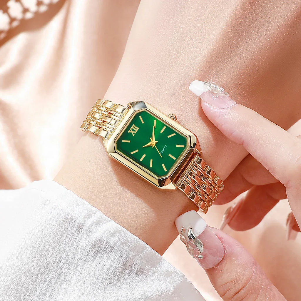 2PCS/Set Fashion Rectangle Women Quartz Watch Ladies Roma Dial Wristwatches Rhinestone Bracelet Set Reloj Mujer Girls Clock Gift