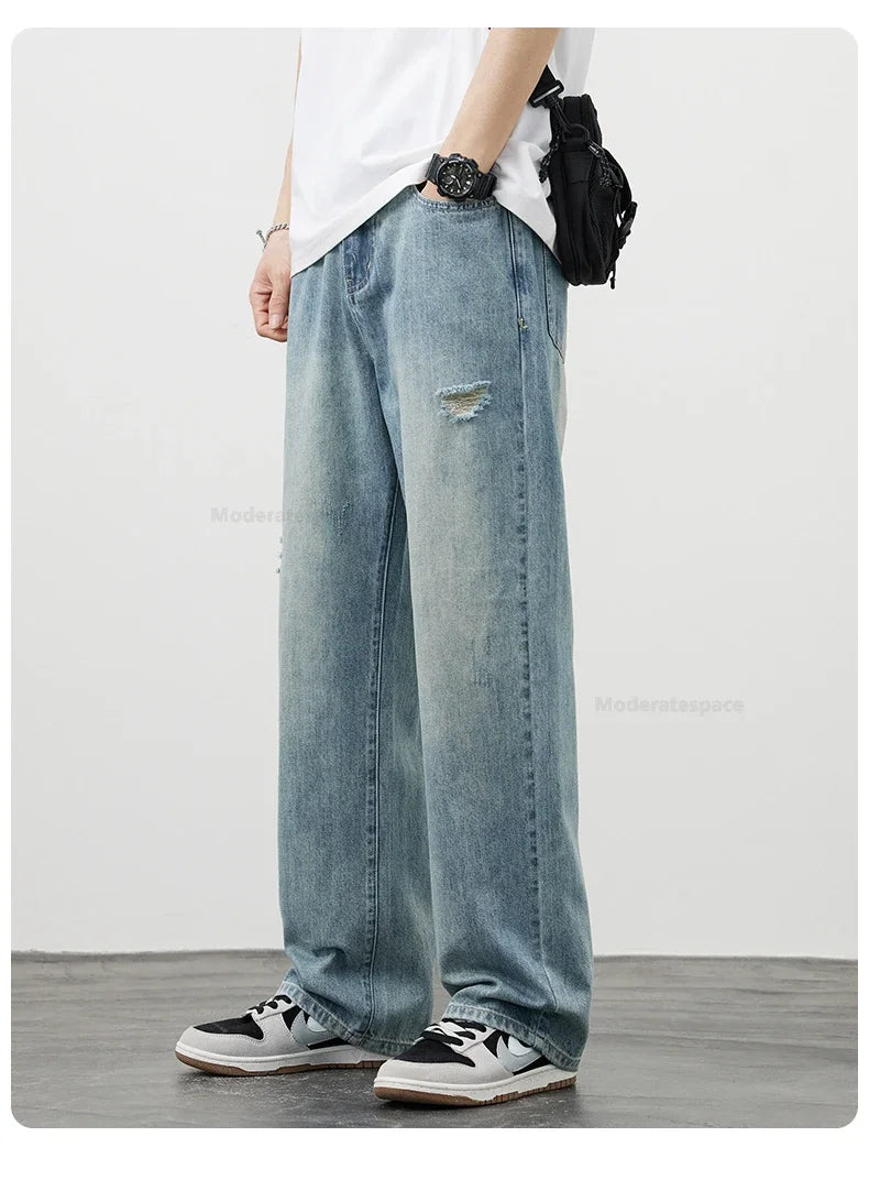 Korea Baggy Jeans Men's Vintage Straight Ripped Y2k Pants Fashion Frayed High Street Distressed Denim Trousers Male Clothes