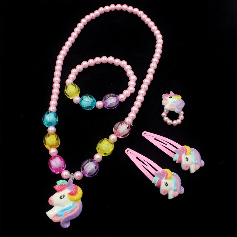 1 Set Handcrafted Unicorn Kids Beaded Jewelry Set Cute Animal Necklace Bracelet Ring And Hair Clips Set For Little Princess
