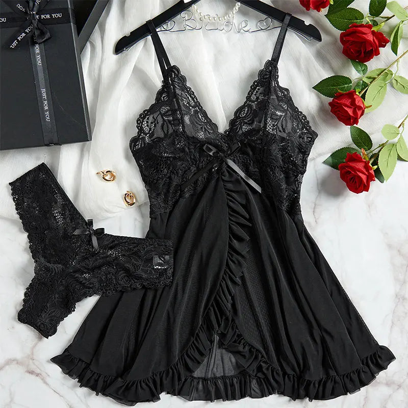 Curves 2-Piece Women's Underwear Set Lace Low-Rise Panties With Nightgown Intimate Apparel Breathable Delicate Summer Lingerie