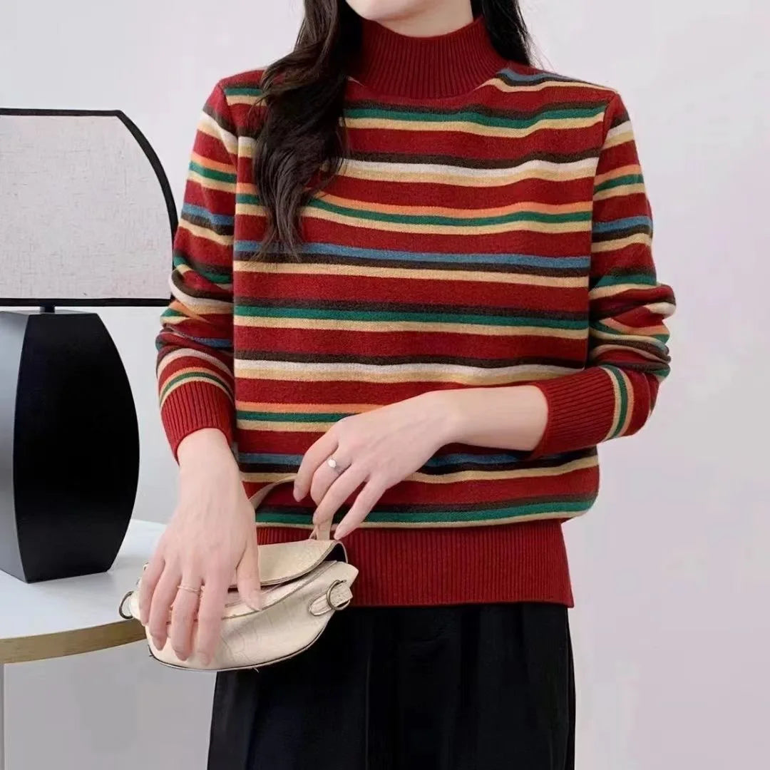 2026 Autumn Winter Thickened Warm Knitted Sweater Women's Loose Fit Color Block Striped High Collar Fashionable Base Shirt