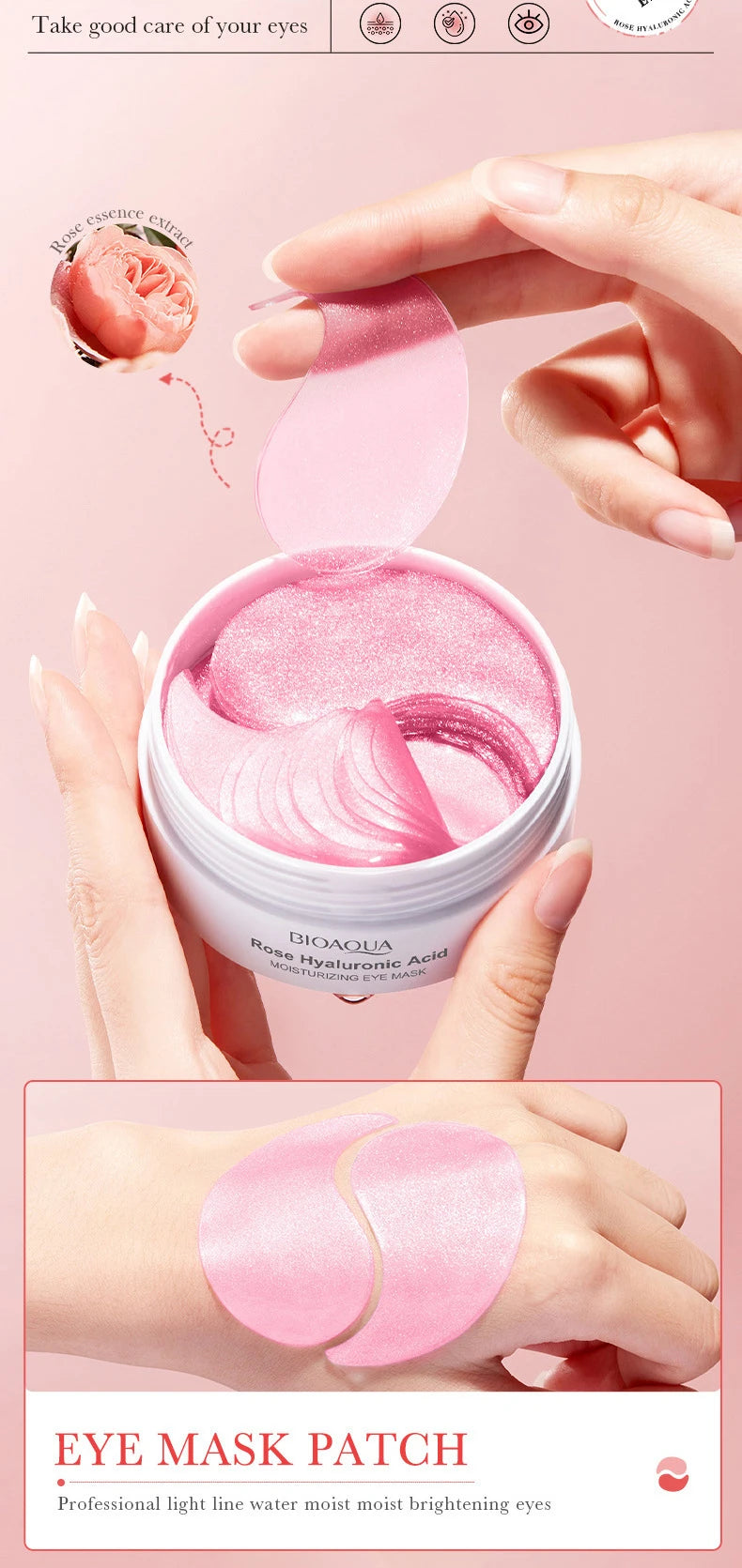 60pcs BIOAQUA Rose Hyaluronic Acid Eye Mask Anti Wrinkle Dark Circles Eye Bags Moisturizing Firming Eye Patches Skin Care