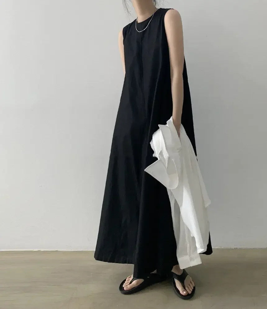 Korean Fashion Women Dress Casual Round Neck Loose Solid Color Casual Big Swing Sleeveless Long Linen Lazy Style Vestidos