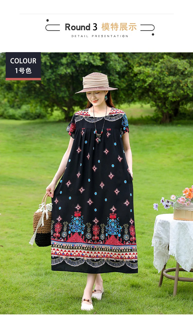 New Fashion Casual 2025 Summer Elegant Dresses For Women O-Neck Print Vintage Short Sleeve Dress Loose Women Clothing