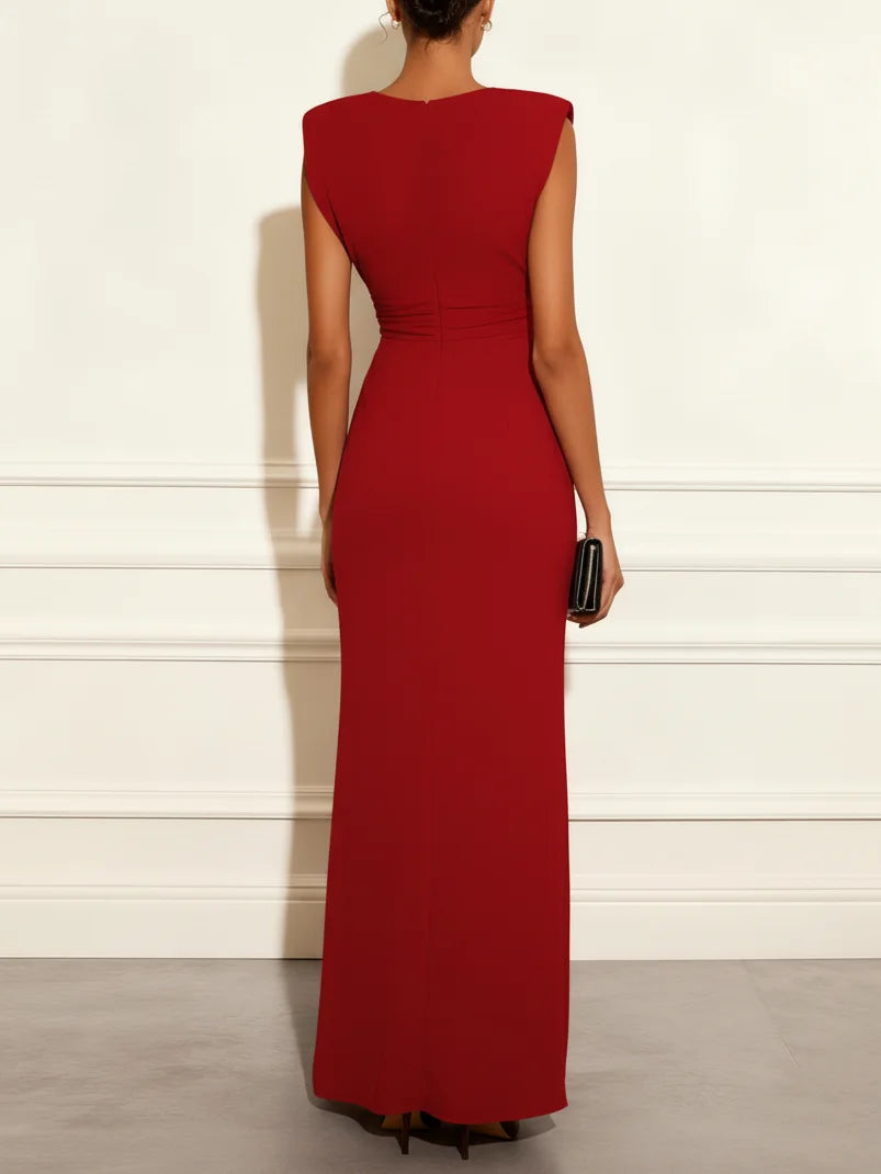 Women Surplice V Neck Sleeveless Maxi Dress Ruffle Split High Waist Bodycon Evening Formal Gown