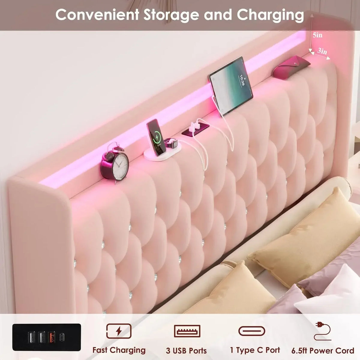 Upholstered Queen LED Bed Frame with Charging Station and 2 Storage Drawers Velvet Crystal Button Tufted Wingback Headboard