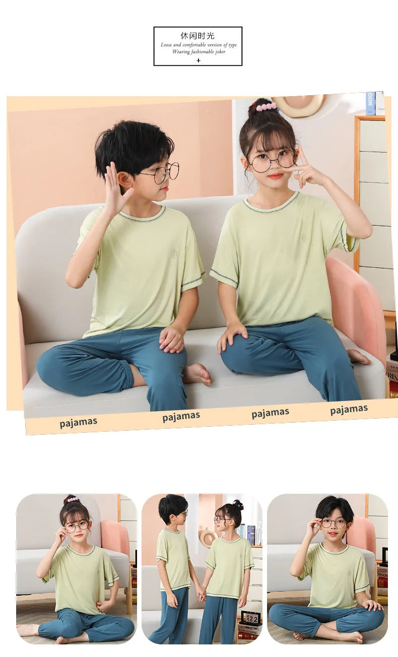 Teenage Boy Pajamas Summer Girl Short Sleeve Children's Clothing Sleepwear Silk Cotton Pyjamas Sets For Kids 4 8 9 12 13 14Years