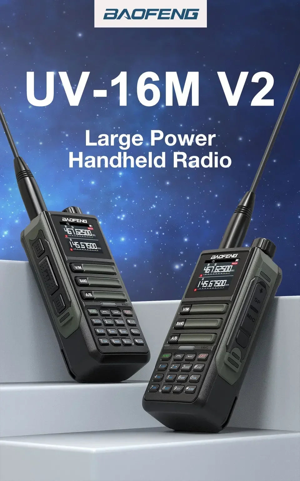 2Pack Baofeng 15W 50KM Waterproof Walkie Talkie 999CH AM FM 2-Way Radio Full Band LCD Screen Frequency Copy Noise Reduce UV16M