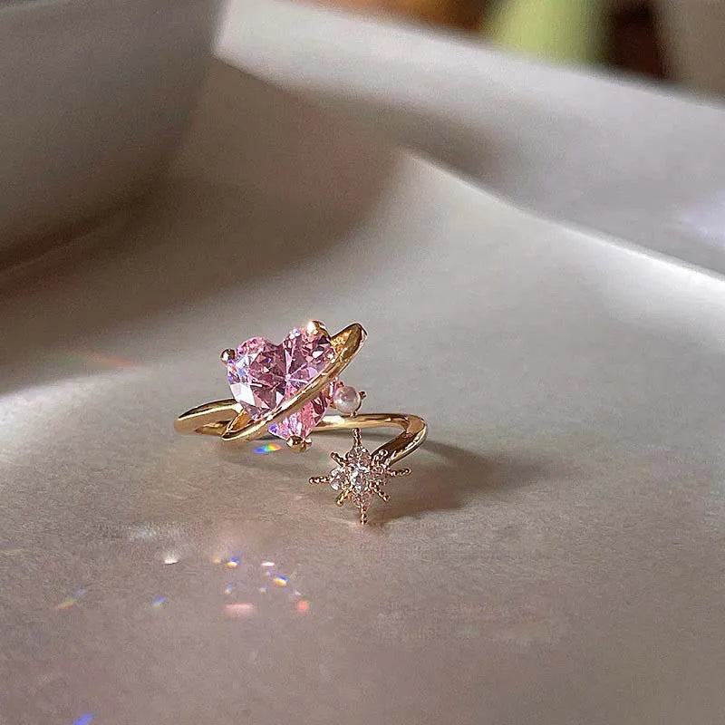 2025 Kpop Pink Zircon Heart Open Ring for Women Girls Luxury Blue Opal Heart Couple Finger Rings Wedding Y2K Jewelry