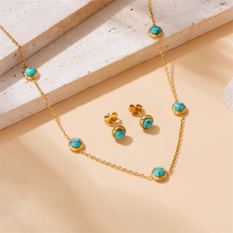 Dieyuro 316L Stainless Steel Turquoise Simplicity Necklace Earrings For Women'S 2024 New Fashion Jewelry Set Gifts