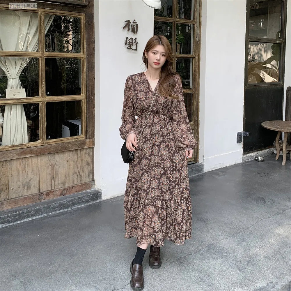 Chic Korean Clothes Design 2022 Autumn Spring Womens V Neck Elegant Lady Floral Printed Retro Vintage Long Maxi Dress
