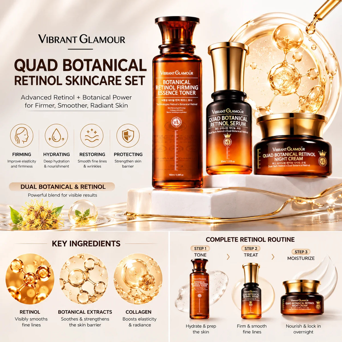VIBRANT GLAMOUR 2.0 Retinol Toner 3.0 Retinol Serum 3.0 Retinol Cream Anti-Aging Moisturising
