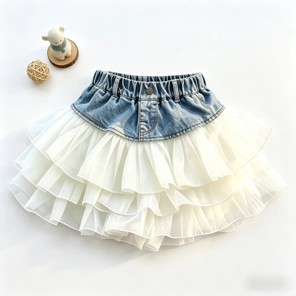 Girls' Summer Denim Short Skirt Patchwork Mesh Cake Style Children's Kids' New Fashion Skirt
