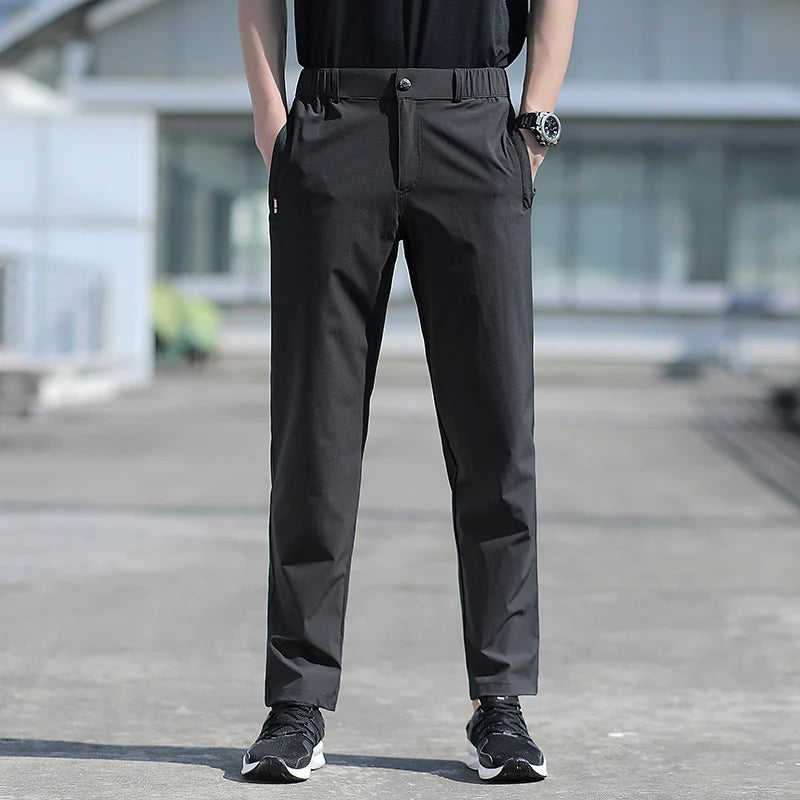 Large Size Men'S Summer Pants Big Size Ice Silk Stretch Breathable Straight Leg Pants 6Xl Quick Dry Elastic Band Black Trousers