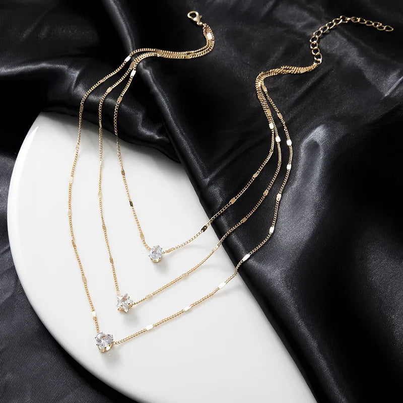 Trendy Zircon Pendant Necklace For Women'S Multilayer Chain Choker Fashion Female Shiny Jewelry