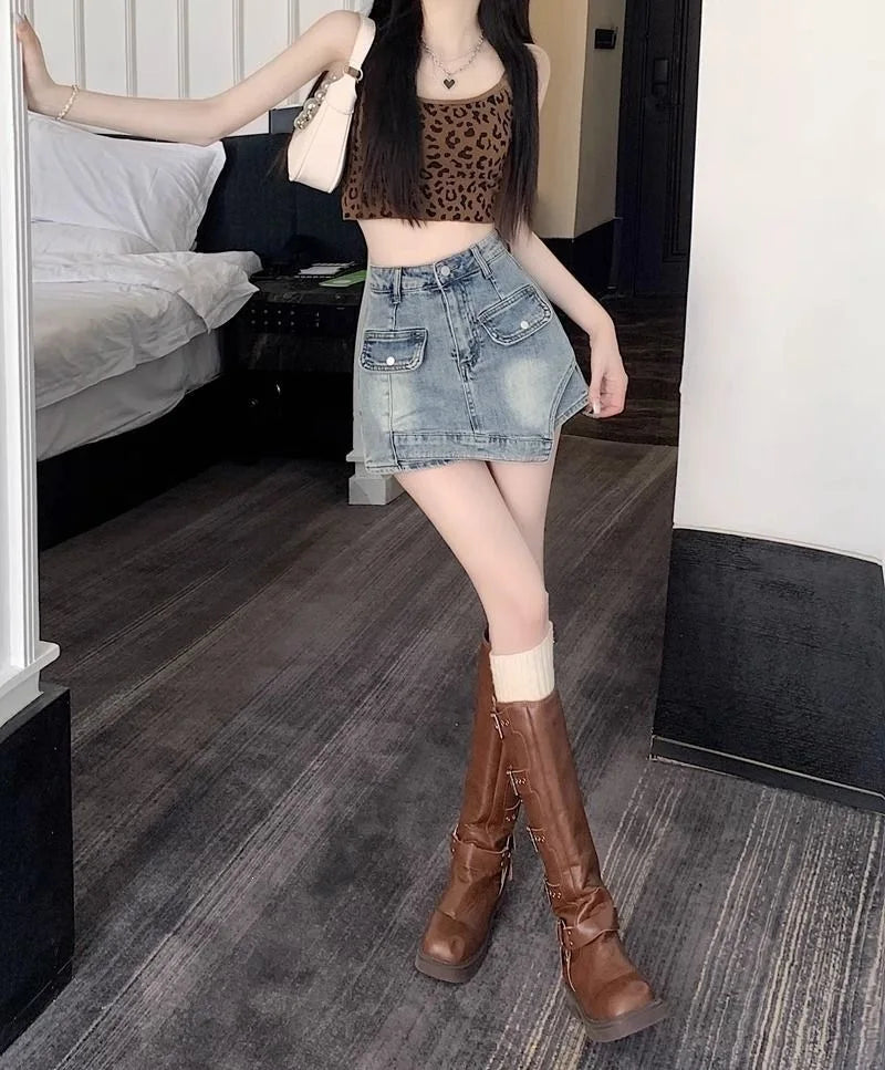 Retro Spicy Girl Uneven Denim Mini Skirt High Waist Slim Fit Women's Summer New Style Short Skirt Bodycon Skirt New Style