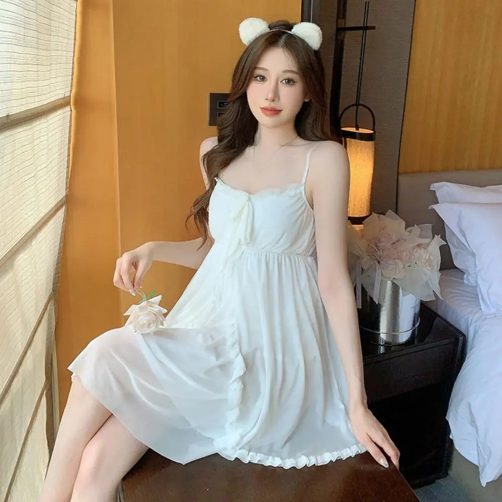 Lace Bowknot Women Pajama Dress Nightgown Sleeveless Homewear Sleeping Dress Robe Set Ruffle Sleepwear Sling Nightgown with Pads