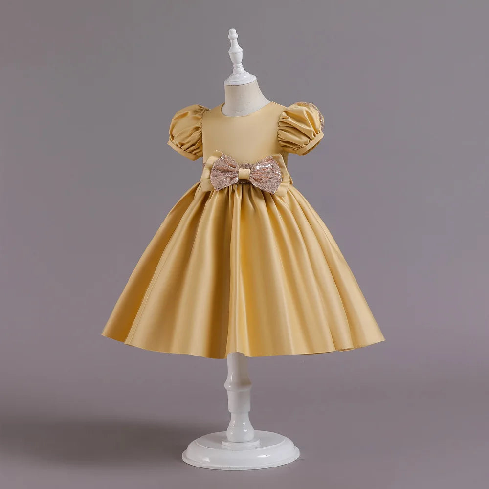 Golden Bow Satin Girls Dress For Weddings Party Children's Pageant Ball Gown Kids Formal Evening Clothing 2-8 10 Years