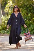 Women V Neck Lantern Long Sleeve Linen Maxi Dress Button Front Loose Casual Vacation Ladies Long Dress