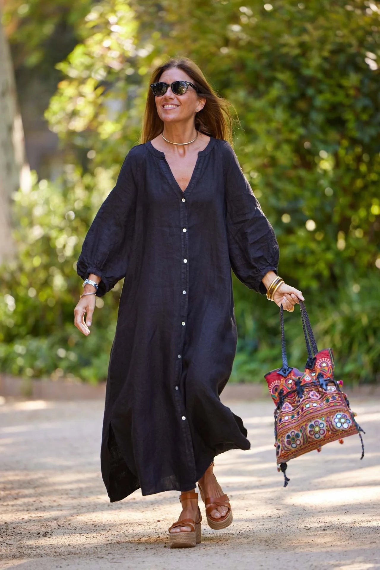 Women V Neck Lantern Long Sleeve Linen Maxi Dress Button Front Loose Casual Vacation Ladies Long Dress