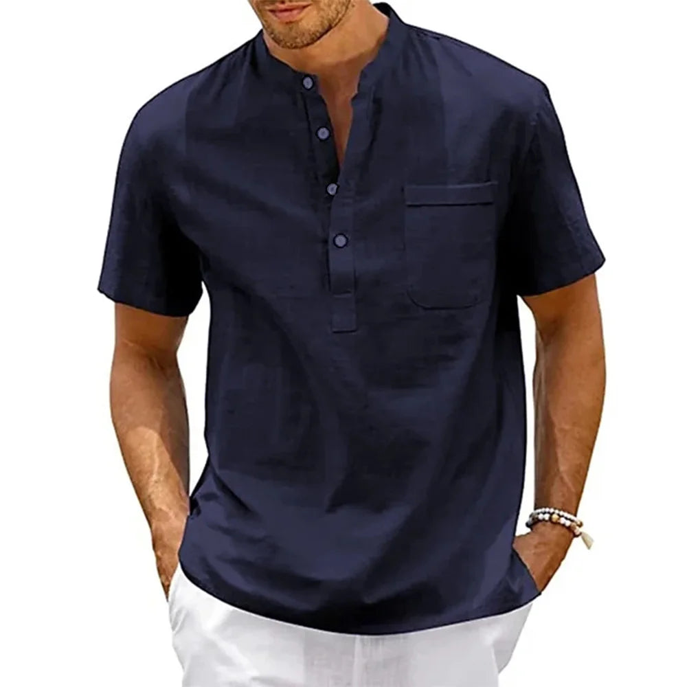 Cotton Linen Shirt For Men Henley With Pocket Breathable Solid Color Short Sleeve Casual Beachwear Vintage Streetwear