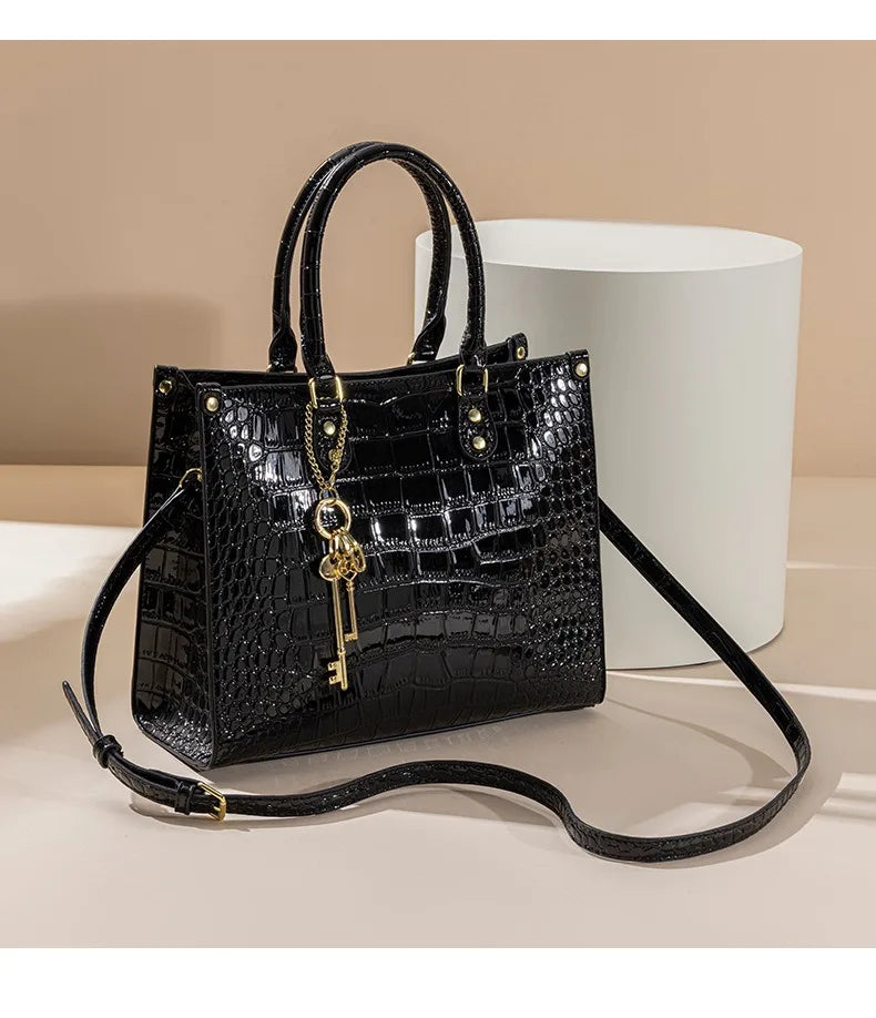Shiny Crocodile Pattern Top-Handle Bag Women Glossy Patent Crossbody Shoulder Bag Elegant Tote Satchel with Key Pendant