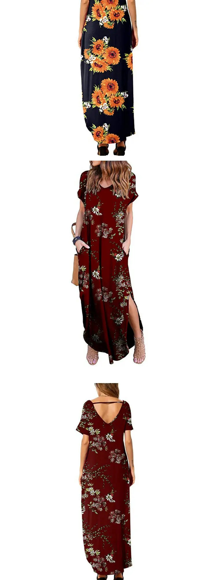 Pure Color Splice Short Sleeve V-Neck Slit Long Dress Loose Fit Women's Summer Cotton Polyester Maxi Dress Citywalk