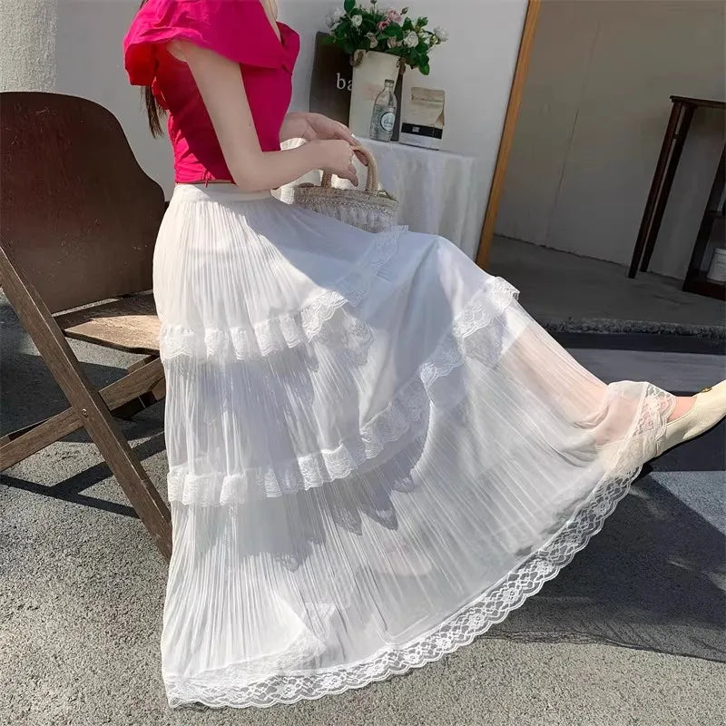 Retro Sweet White Long Skirt Women Casual Loose High Waist Elegant Skirt Vintage Lace Patchwork Korean Summer Long Skirts