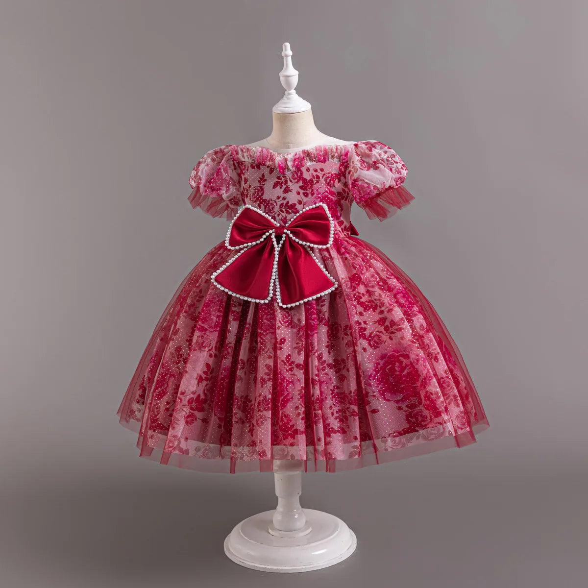 HETISO Princess Dress for Girls Beaded Bow Floral Lace Tulle Tutu Skirt Wedding Birthday Party Prom Gown Ages 2-10