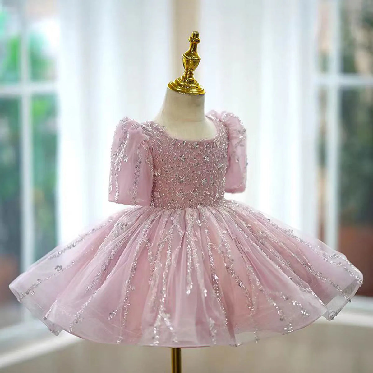 Dreamy Vow J793 Adorable Square Collar Sequined Tulle Girl Dress for Kids Eid al-Fitr Wedding Birthday Party Summer Ball Gown