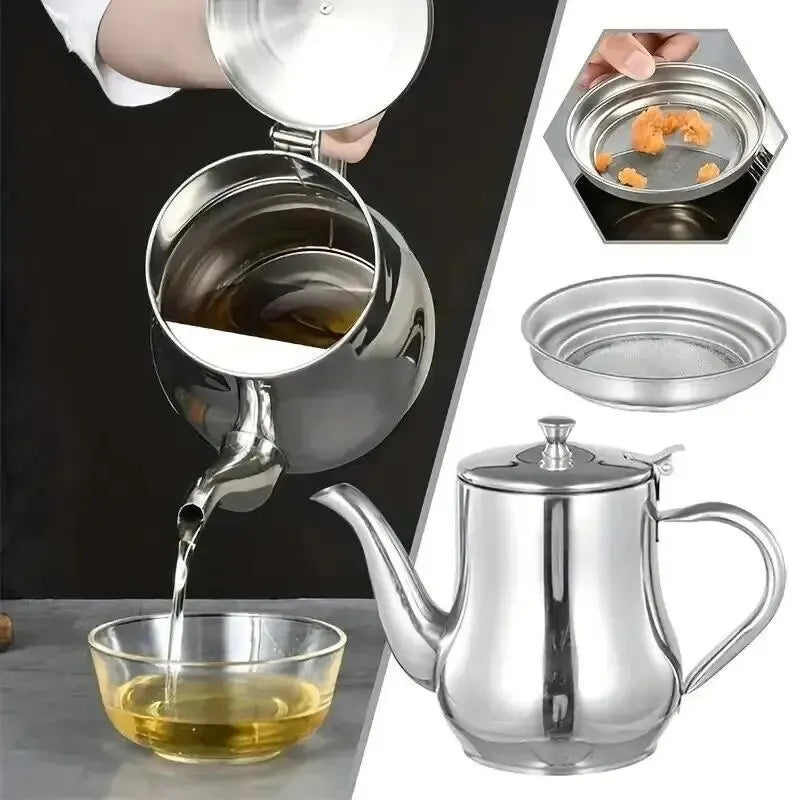 1 ud. Olla de aceite de acero inoxidable para el hogar con filtro, olla de filtro de aceite, olla de almacenamiento de aceite de cocina de acero inoxidable, utensilio de cocina