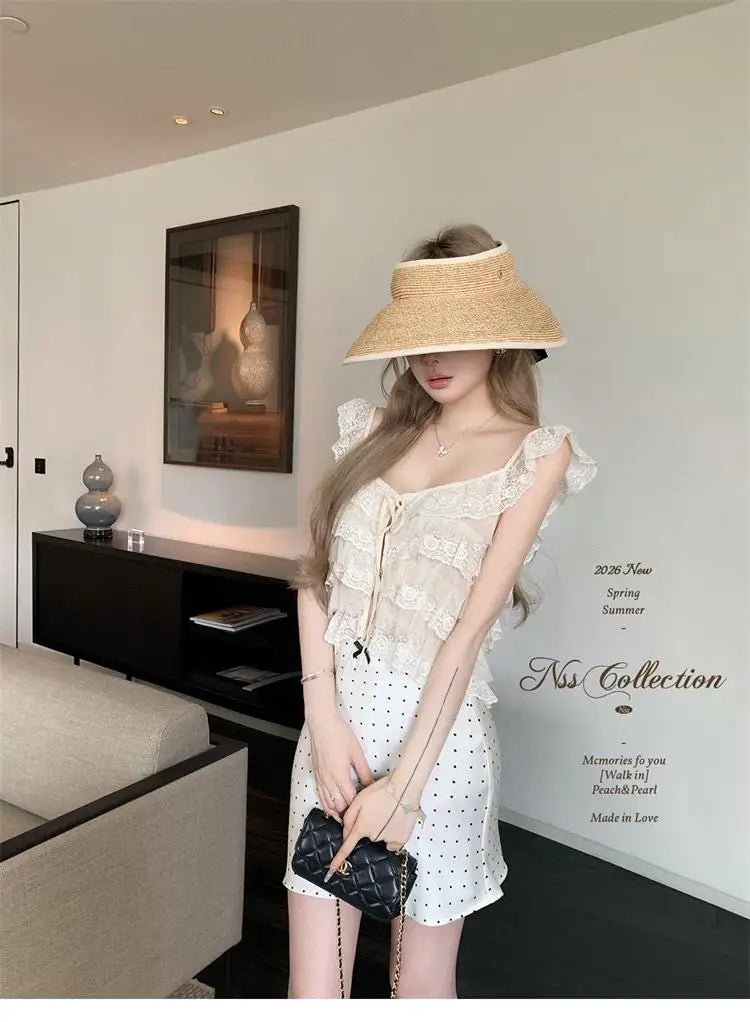 Korean Style Short Lace Halter Top Women's Summer New Design Pure Desire  Leaf  Spicy Girl Commute Loose Fit Casual