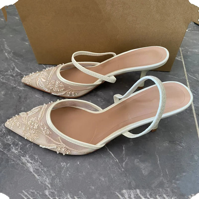 Women's Mesh Floral Embroidered Slingback High Heels Female Open Heel Pearl Studded Pointed Toe Sandals Sexy Stiletto Lady Mules