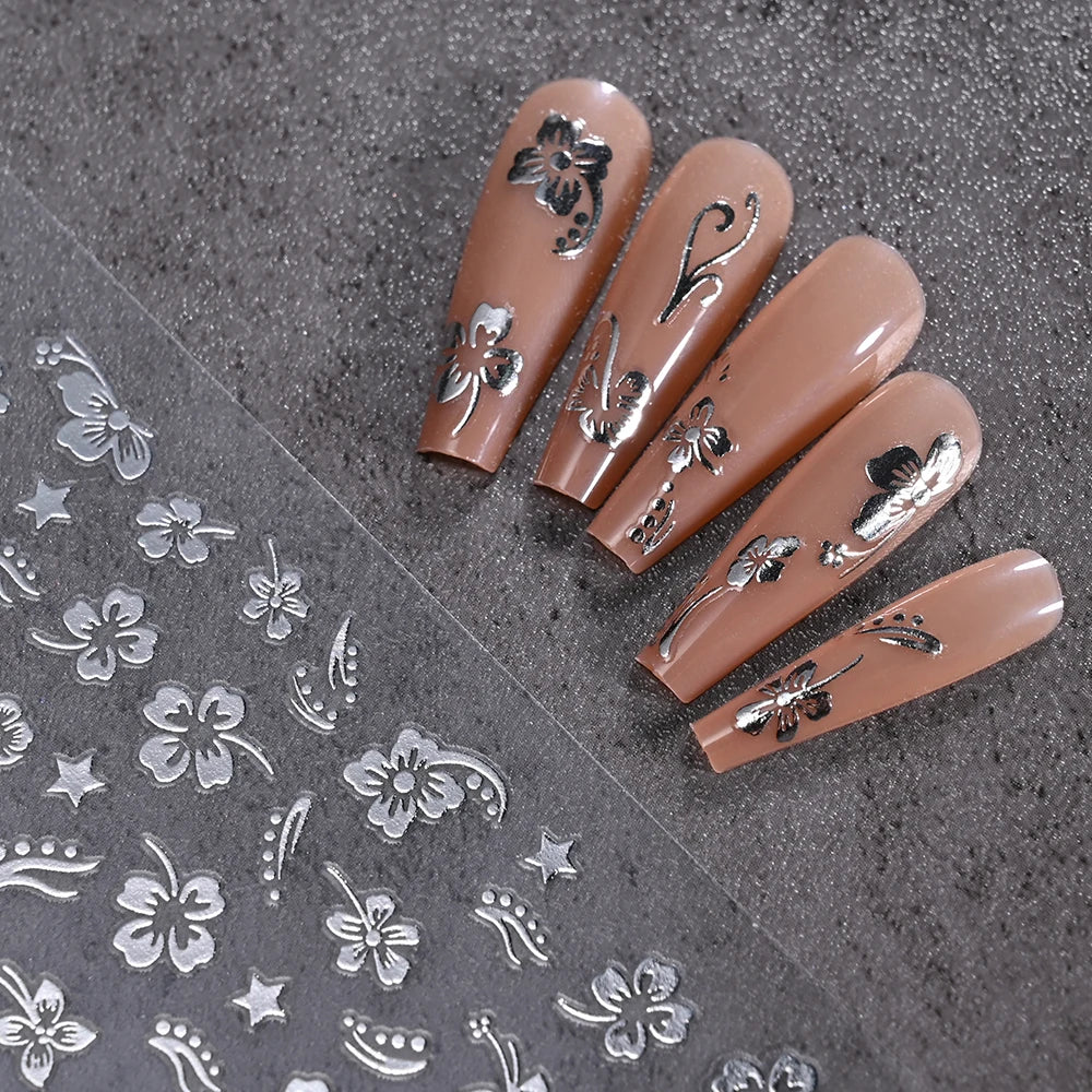 1 pieza 3D pegatinas de hibisco para uñas, flores blancas y negras, pétalos, calcomanías adhesivas, deslizadores florales rosas y dorados para decoración de uñas