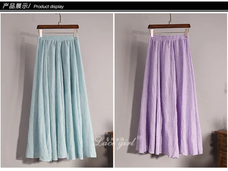 2025 Summer Women All-match Long Skirt Mid-calf Casual Linen Elastic Waistband One Size Expansion Hemline Lined Female Skirts