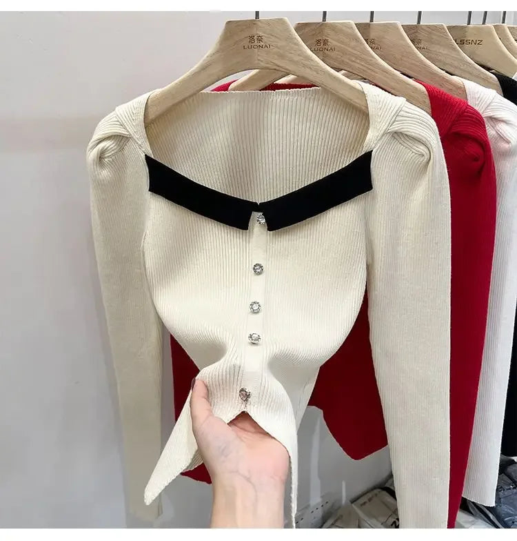 Women's Knitted Short Sweater Square Collar Base Shirt Color Collision Design Sensation Autumn Winter Special Edition Top