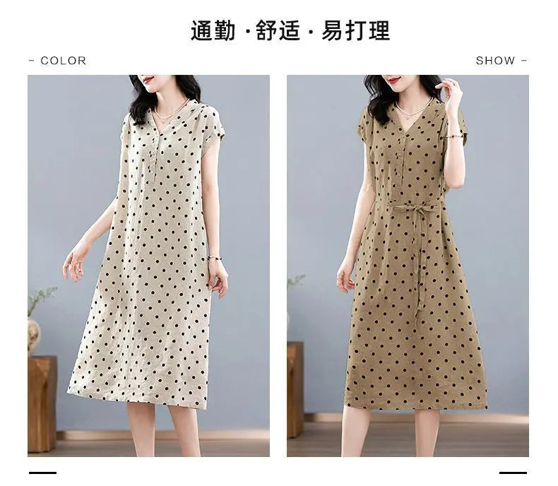 Cotton and Linen Dress French Polka Dot Print Fashion Long Skirt Summer New V-neck Casual Lace-up A-line Skirt