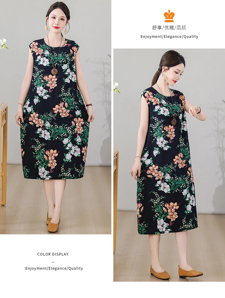 New Fashion Vintage Floral Print  Sleeveless Casual Party Femme Summer Dresses For Women 2025 O-neck Straight Women Clothing