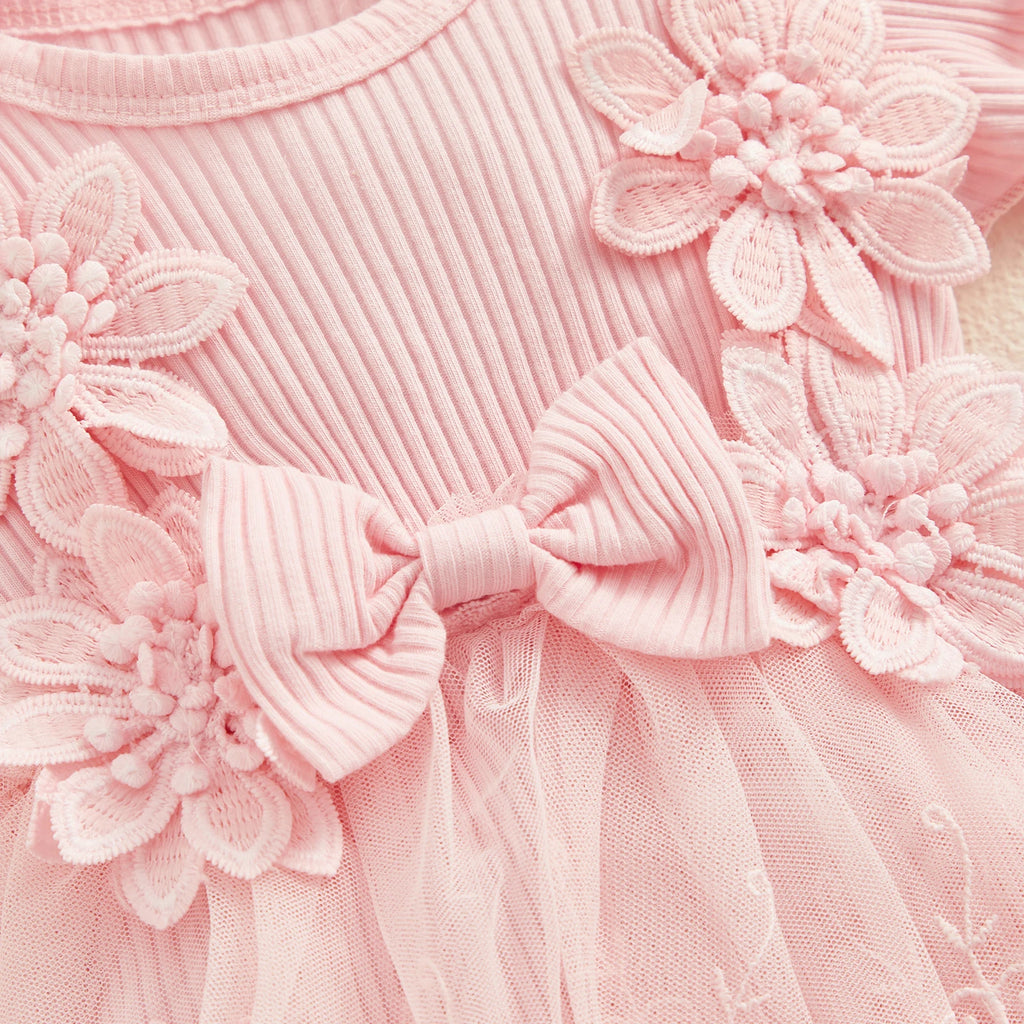3D Flower Summer Baby Girls Romper Princess Mesh Newborn Clothes Lace Patchwork Ruffle Bodysuit Dress Headband Kids Clothing