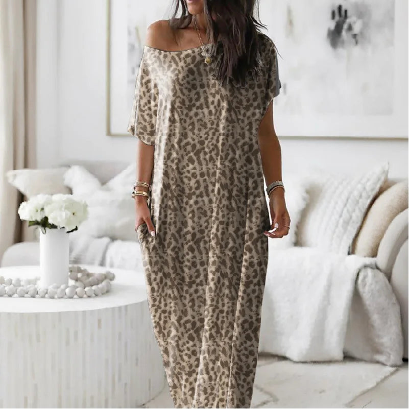 Casual Pure Color Short Sleeve Long Dress Women's Summer New Style Cross-Border TK Loose Waist Milk Fiber Straight Cut Dress