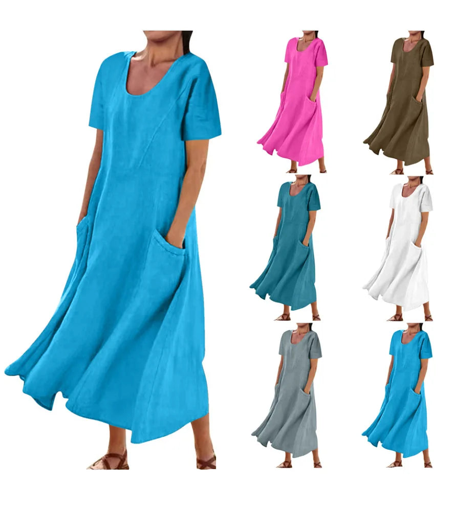 Women Solid Cotton Linen Round Neck Short Sleeve Loose Flowy Maxi Dress EU US Gown