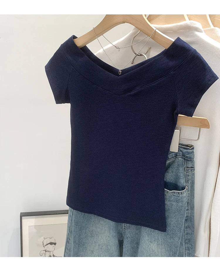 Pink Shoulder Bared Short Sleeve T Shirt Women's Summer New Style Ageless Lady Pure Desire Spicy Girl Top Simple Backless Design