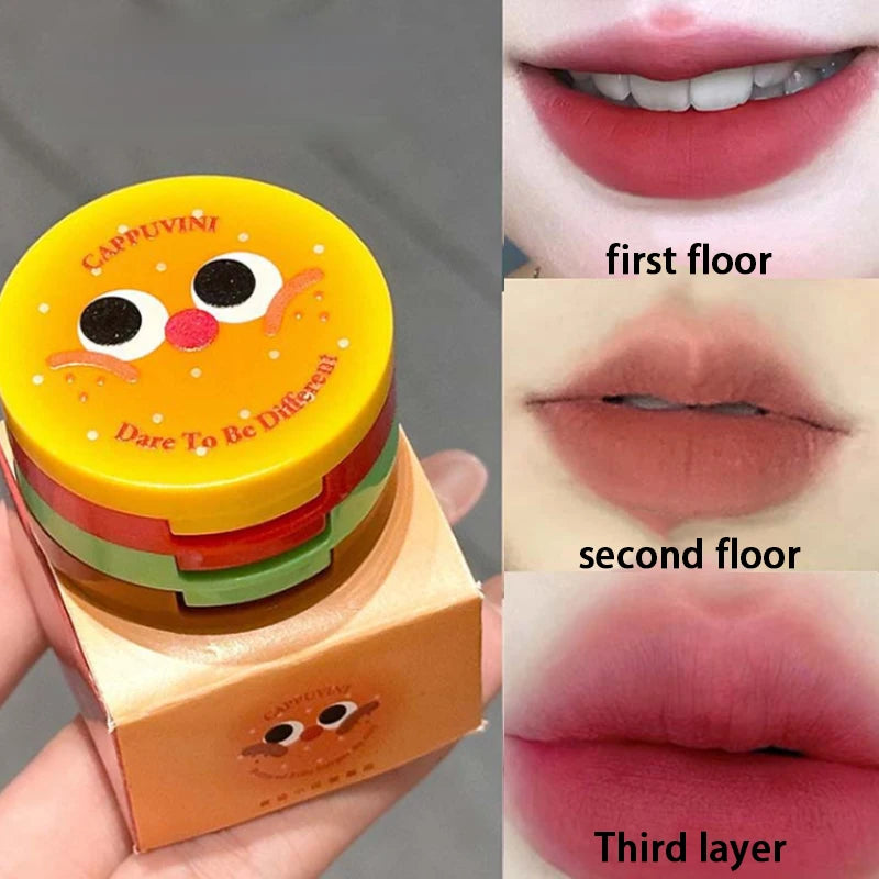 Cappuvini Velvet Lip Mousse - Matte Butter Formula, Long-Lasting Non-Drying, Cute Hamburger Design ,Compact and portable