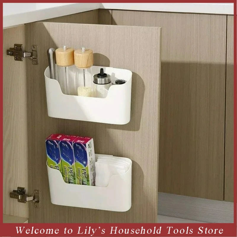 Estante adhesivo de almacenamiento montado en la pared de la cocina, caja de almacenamiento multifuncional para puerta de gabinete, estante de cajón debajo del fregadero, organizador de baño