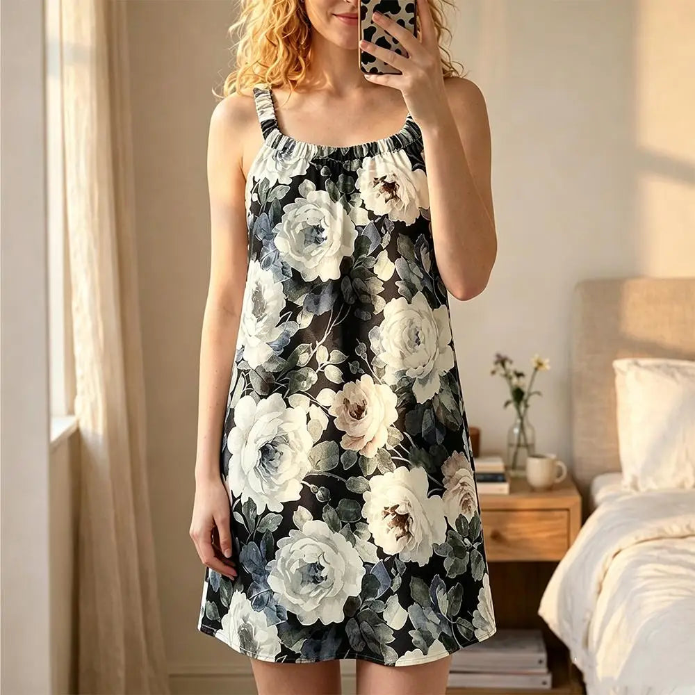 Elegant Oil Painting Floral Print Sleeveless Nightgown Women's Breathable And Comfortable Strap Night Dress Casual Home Pajamas