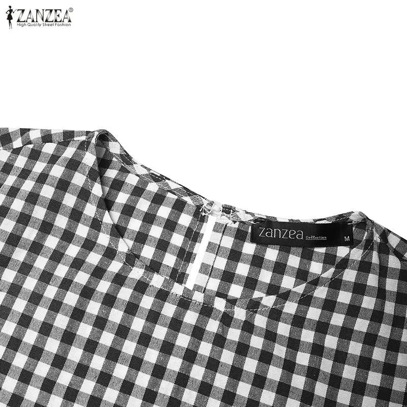 ZANZEA Women's Vintage Gingham Short Sleeves Dresses O-Neck Knee-Length Dress 2026 Summer Daily Casual Commute Robes Femme