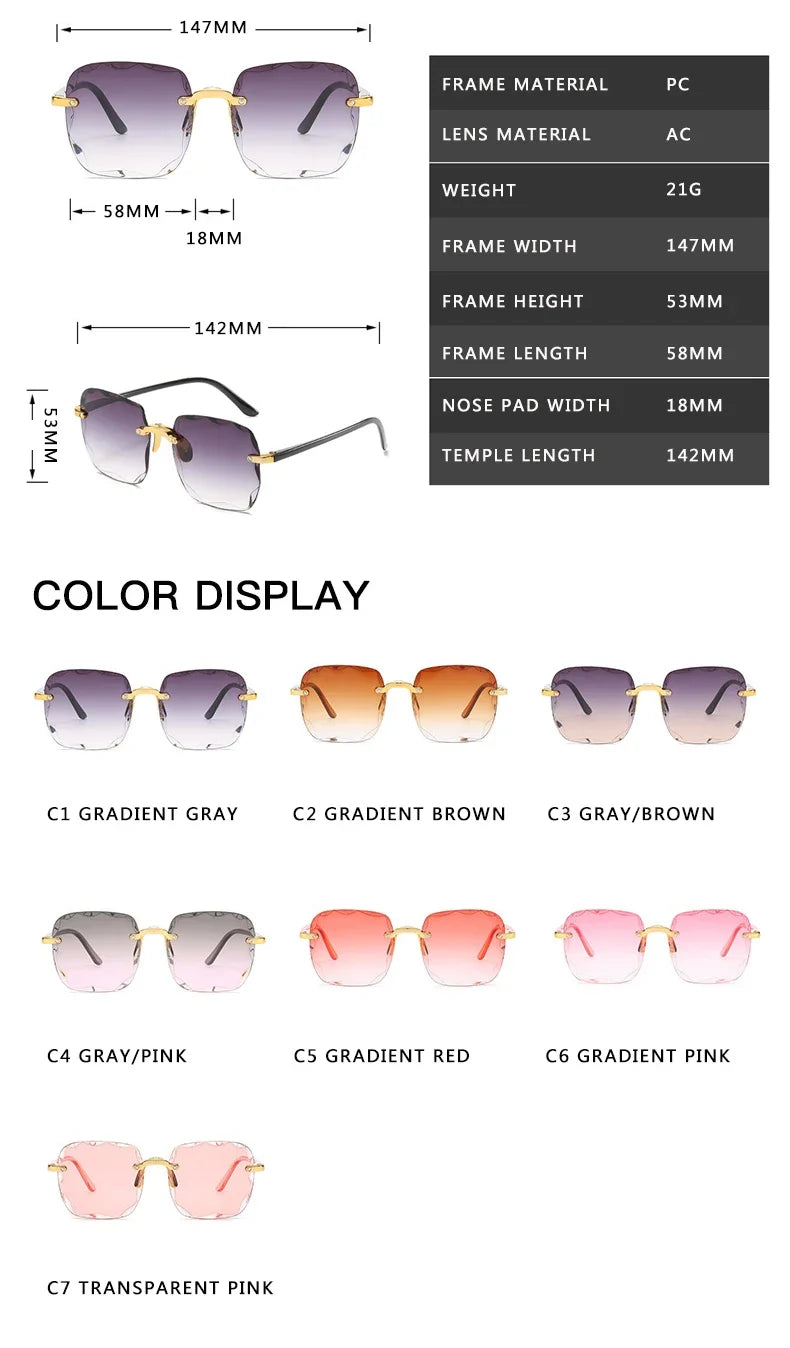 Square Rimless Sunglasses Women Luxury Brand Designer Summer Glasses Fashion Sun glasses For Men UV400 Shades Oculos